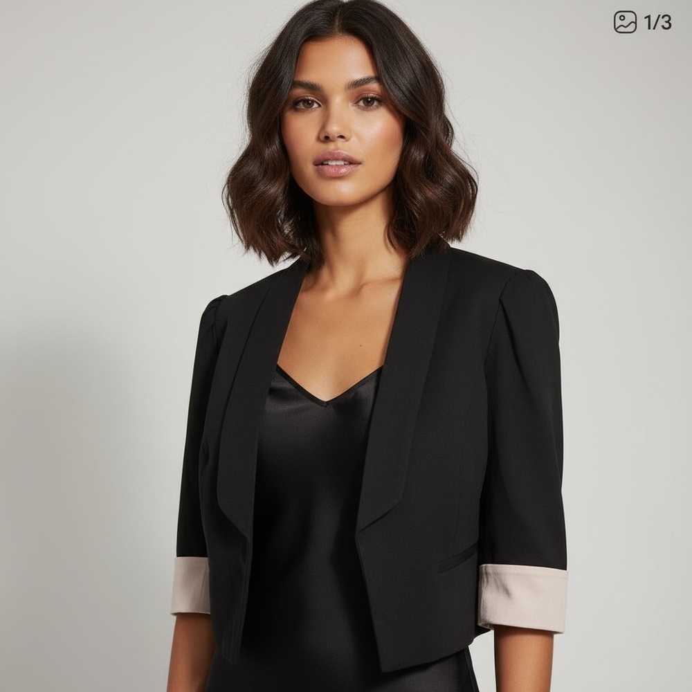 Women's Black Cropped Blazer with Contrast Cuffs
